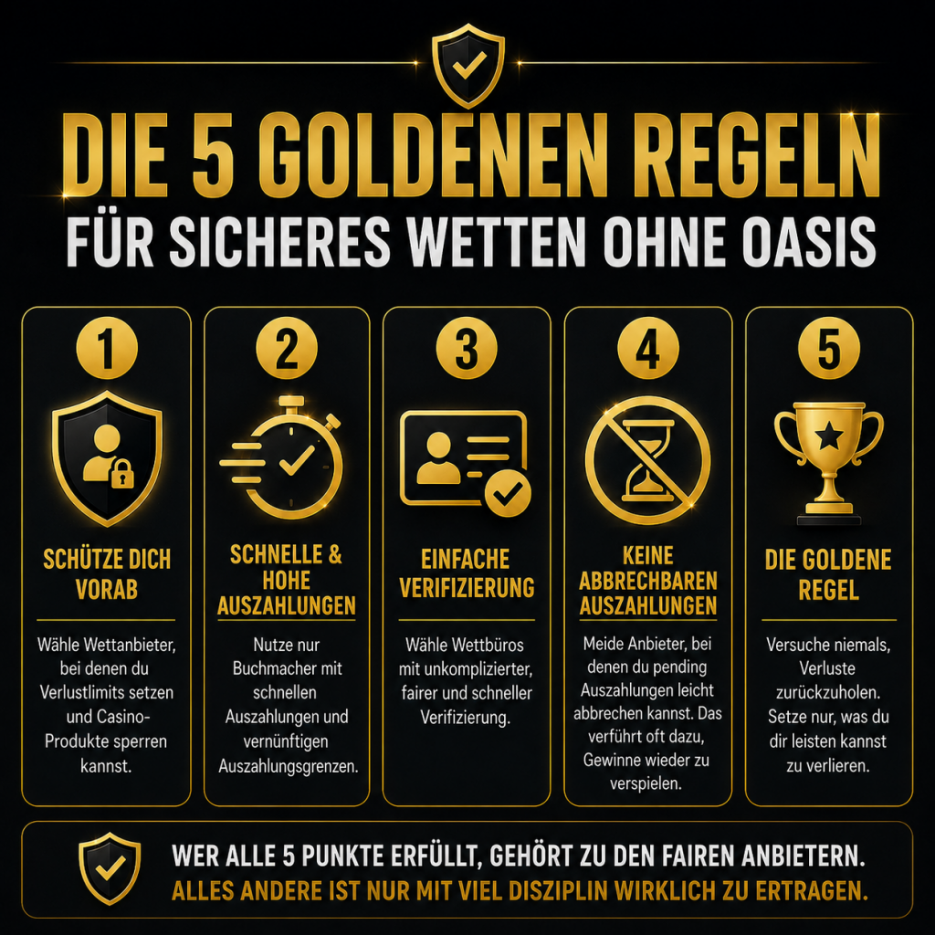 Infografik mit 5 goldenen Regeln für sicheres Wetten ohne OASIS