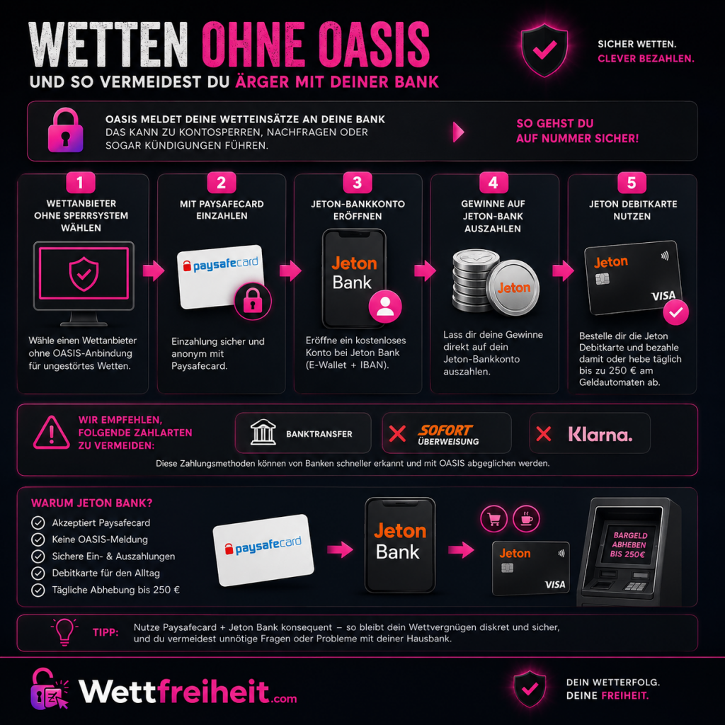 Infoblatt zu Sportwetten ohne OASIS mit Paysafecard und Jeton Bank als Zahlungsmethoden