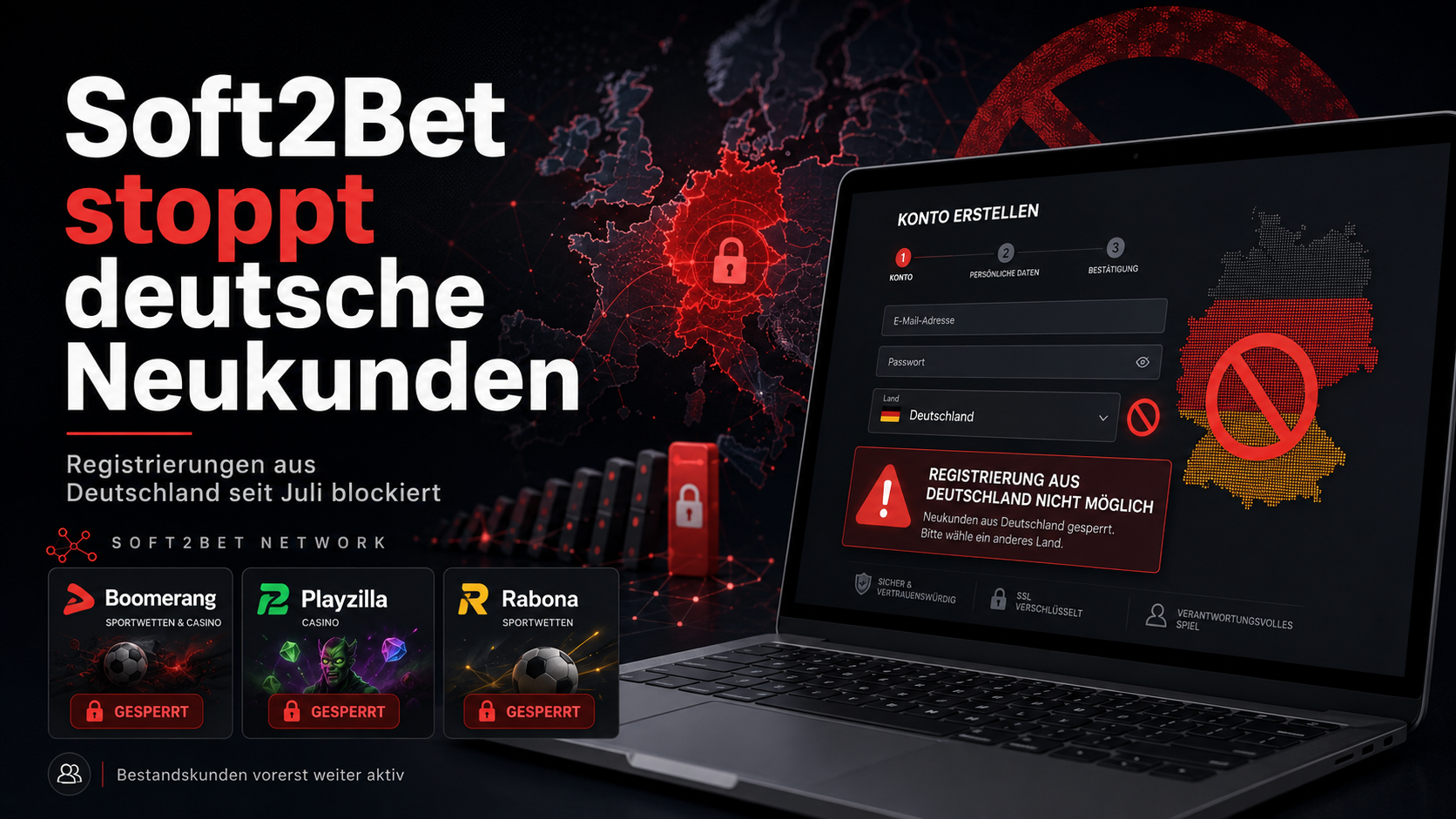 Soft2Bet stoppt Registrierungen für neue deutsche Nutzer bei Wettanbietern wie Boomerang, Playzilla und Rabona
